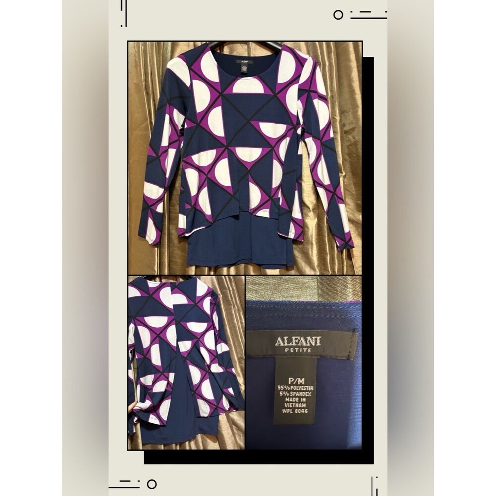 Alfani Navy, Purple & White Geometric Layered Long-Sleeve Top #1911